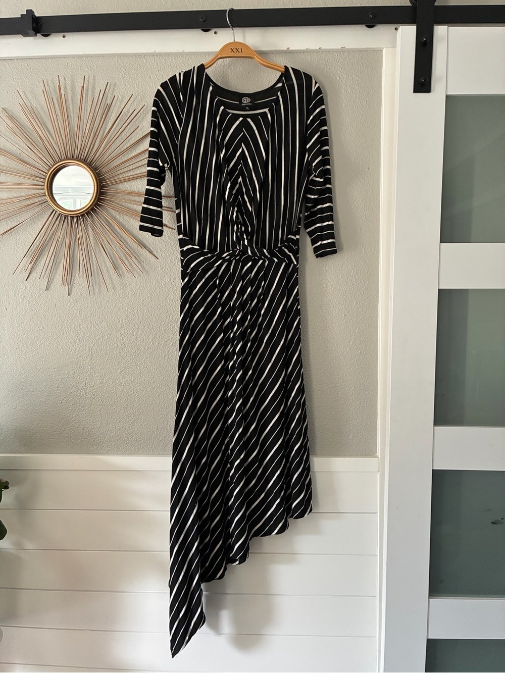 bobeau Black and White Striped Asymmetric Long Sleeve Dress